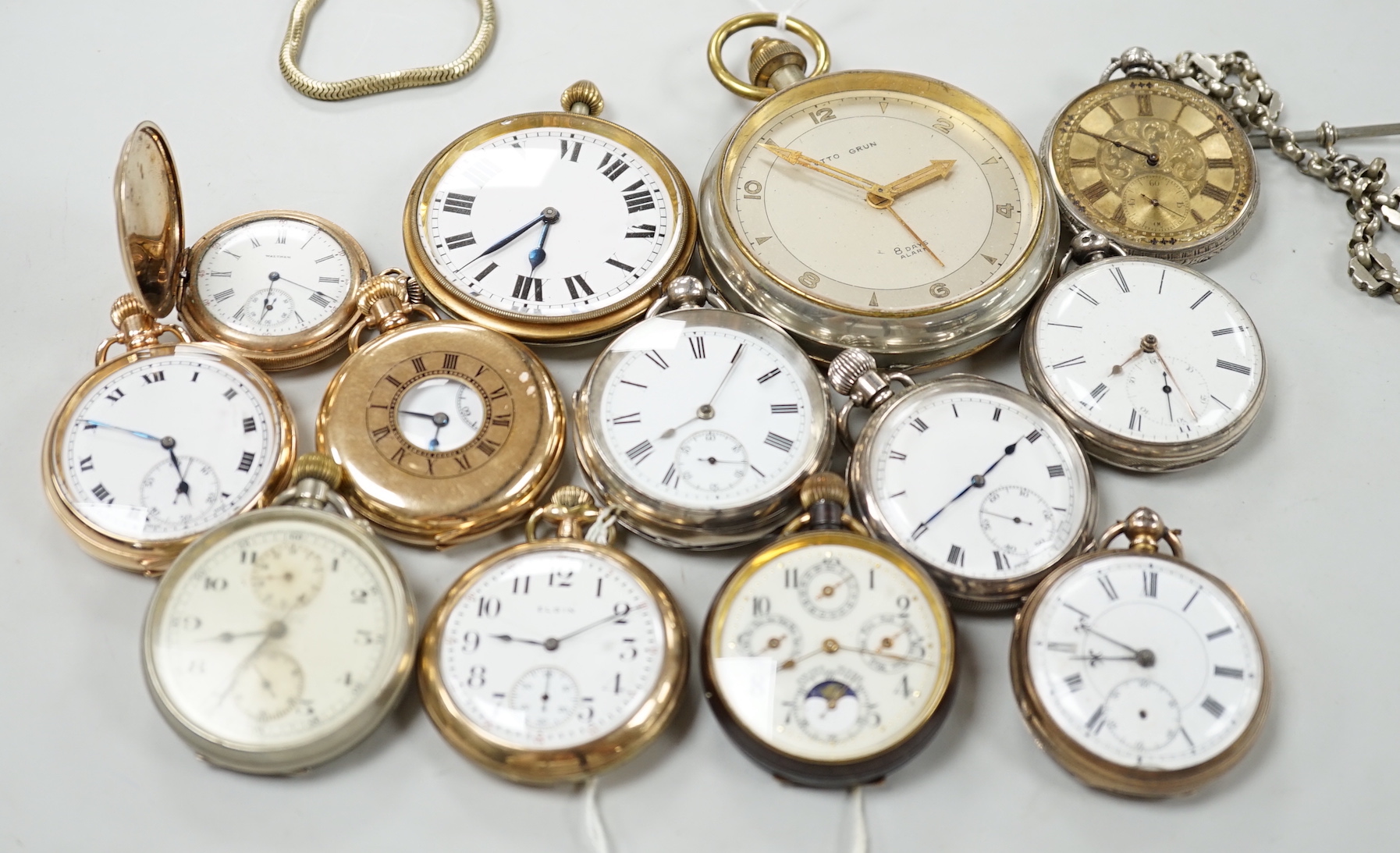 Thirteen assorted silver and mainly base metal pocket watches including half hunter and calendar moonphase.